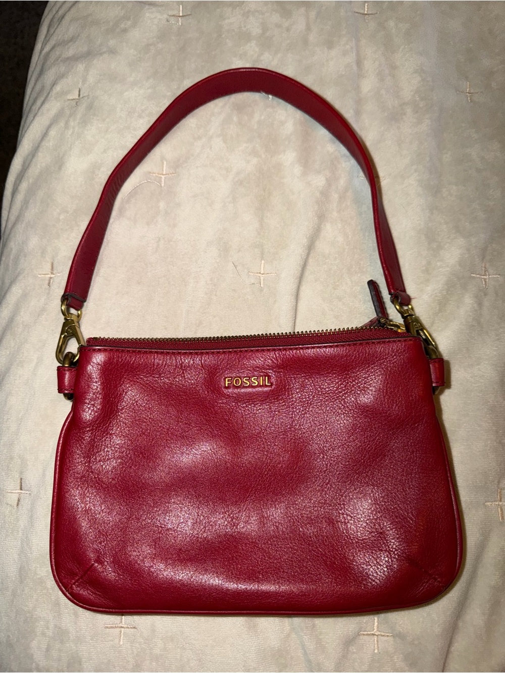 Fossil Red Leather Shoulder Pouch with Gold Hardware